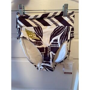 CALLA GO High Rise  Bikini Bottoms Tropical Leaf Print White Brown Swim Size XXS